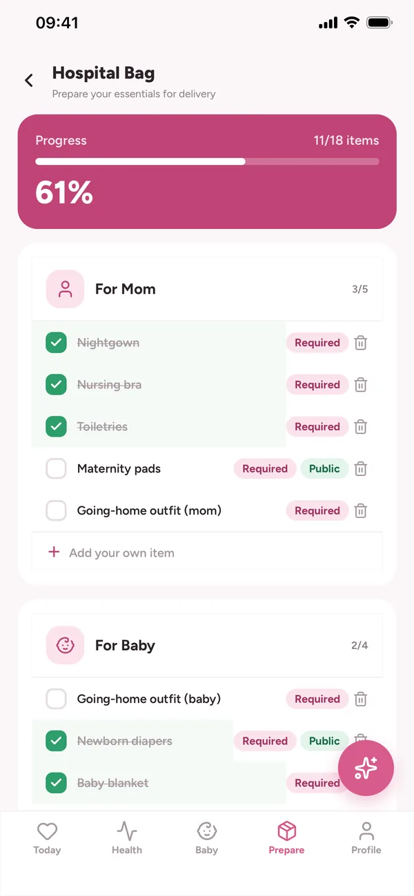 Hospital bag list