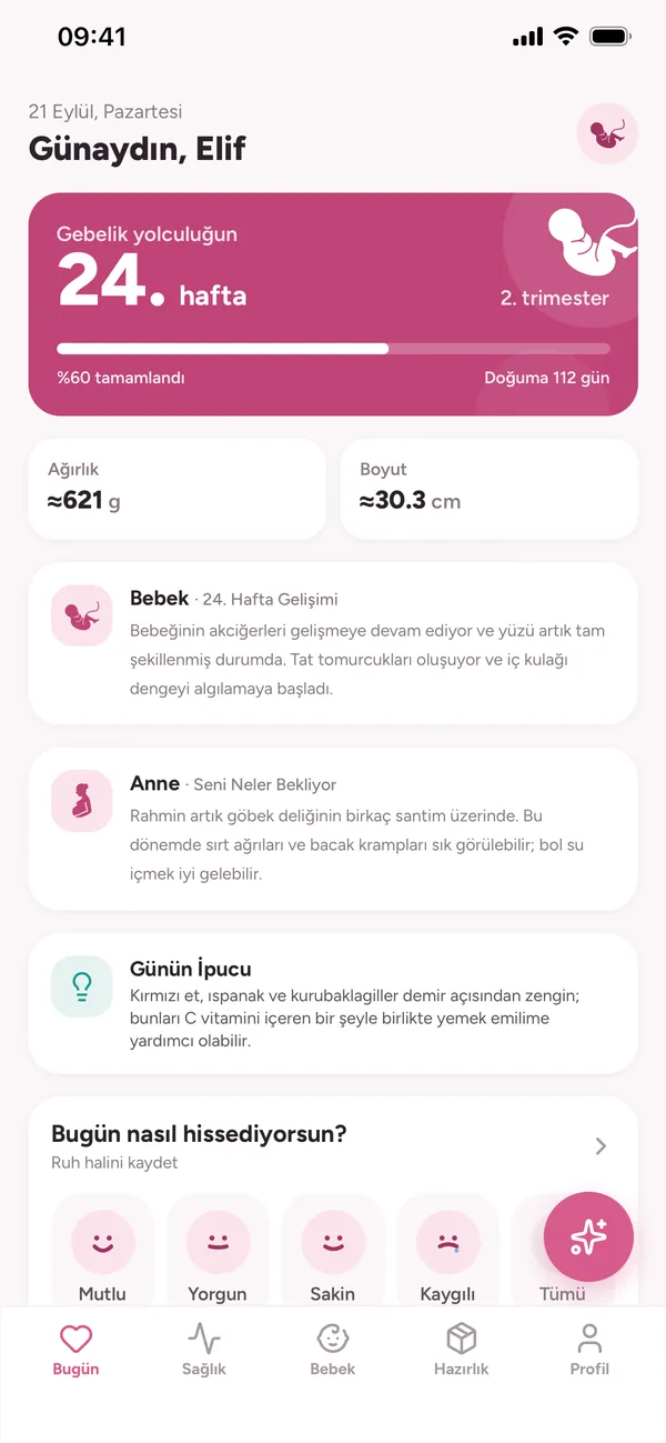 Bugün ekranı: gebelik haftası, bu haftanın gelişimi ve ipucu