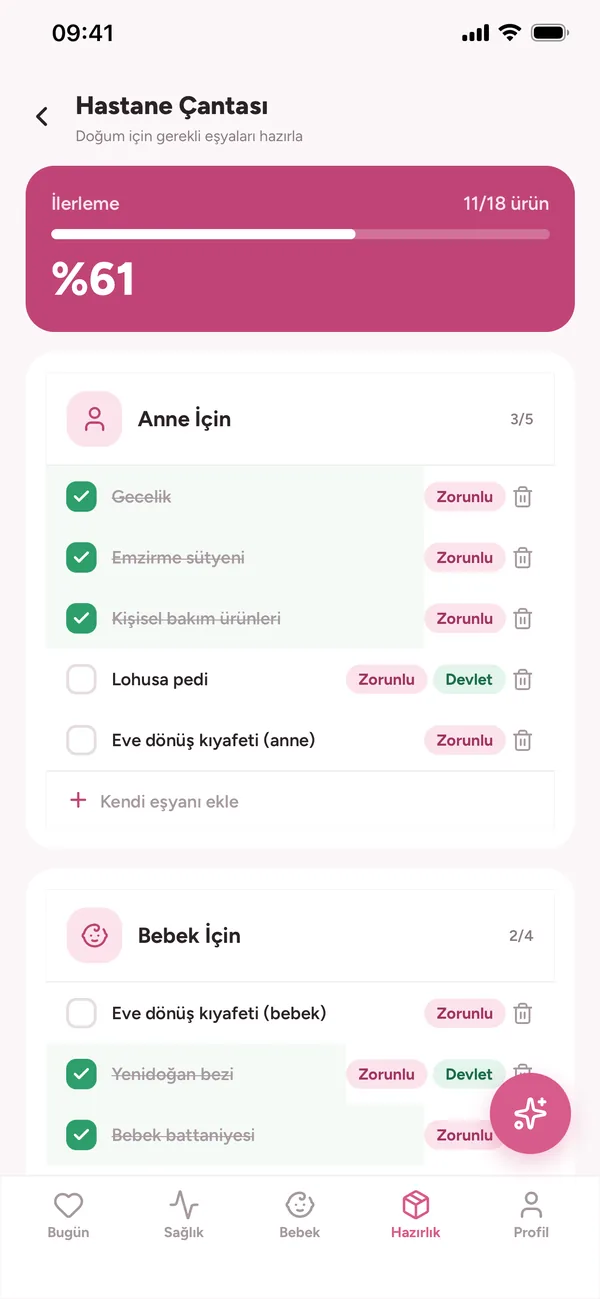 Hastane çantası listesi